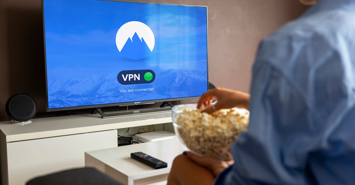 A relaxed scene at home with a person enjoying popcorn while watching a VPN-protected TV.